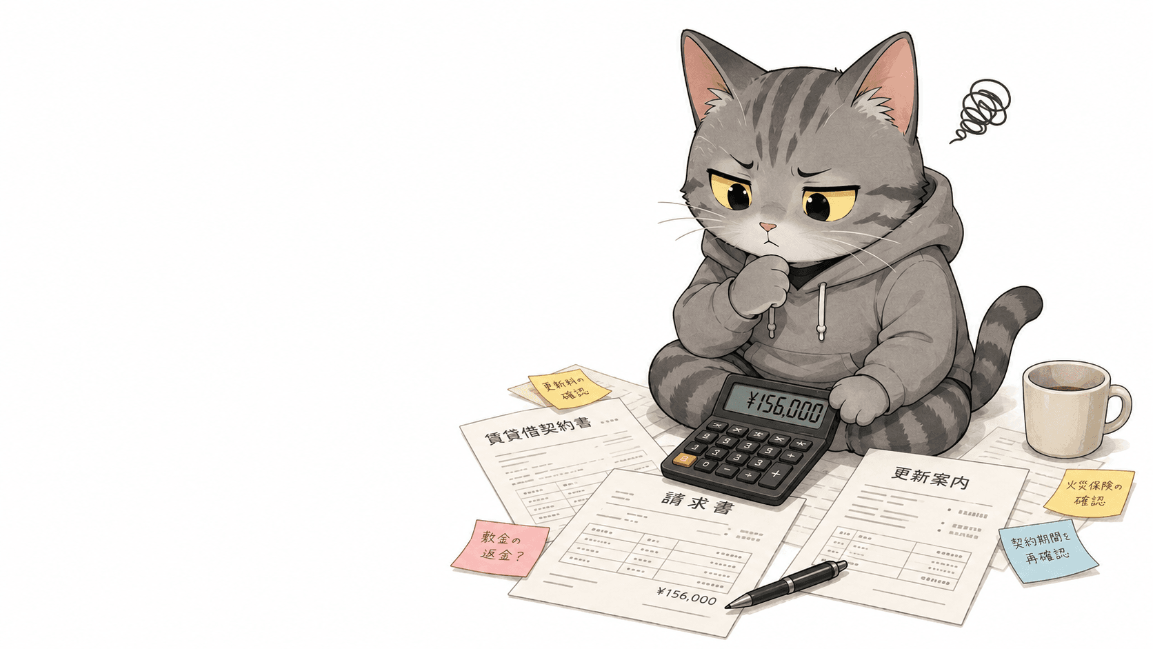 契約書と請求書を広げて首をかしげている猫